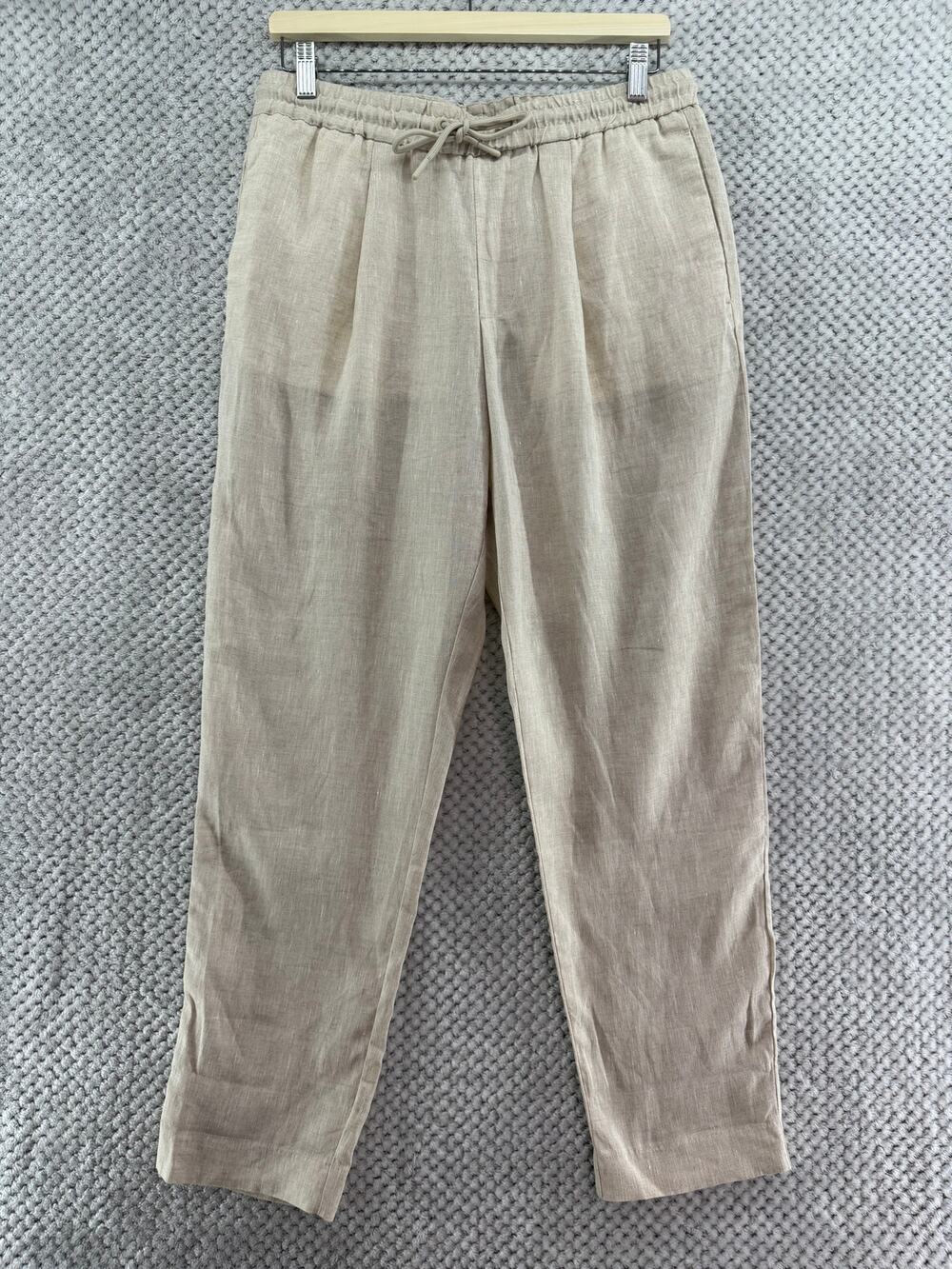 ZARA Linen Pull On Pants Womens Medium Cream Elastic Wasit Pockets High Rise